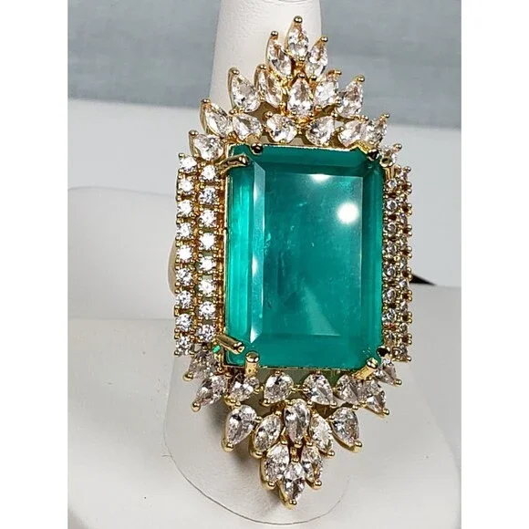Signed Princess Doublet Natural Emerald with CZ 18KGL Size 9 Cocktail Ring - Picture 3 of 16